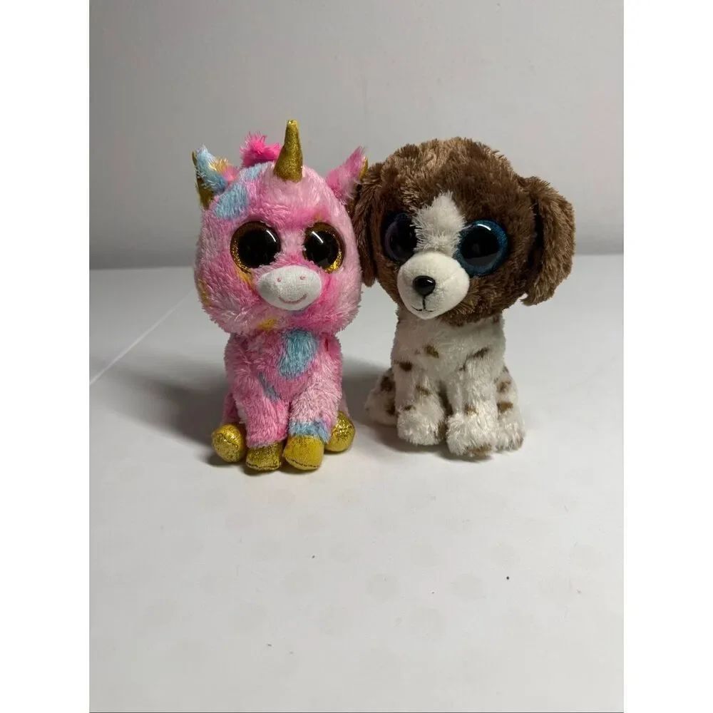 Set of 2 TY Beanie Boos FANTASIA Unicorn / Muddles Brown White Dog Glitter Eyes
